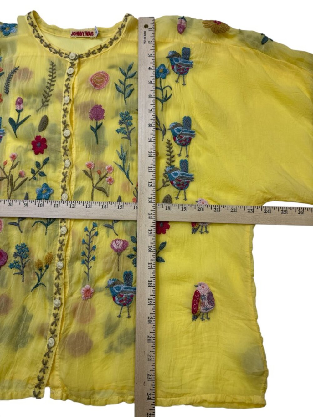 Johnny Was Embroidered Blouse Top Roylane Floral Birds Yellow Sz S - Picture 14 of 16